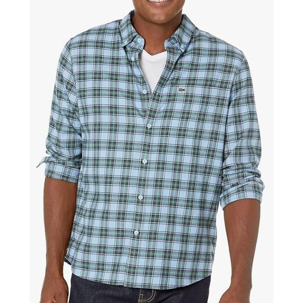 Lacoste Men's Classic Long Sleeve Checkered Woven Shirt L Blue